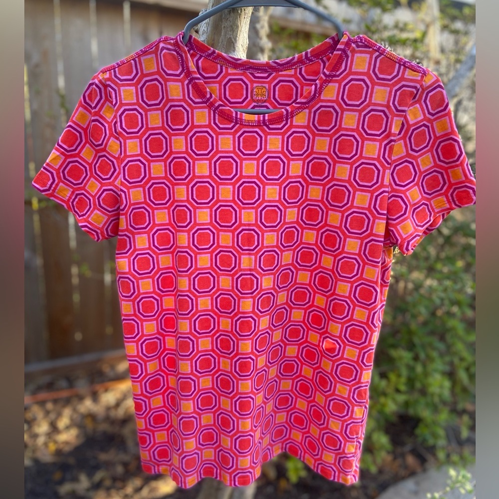 TORY BURCH Geometric Print Short Sleeve Round Neck T Shirt Size Small